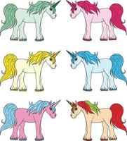 conjunto de coloridos unicornios. seis hermosos personajes para tu diseño. vector