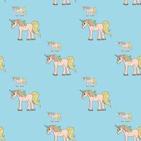 Seamless background with multicolored unicorns on blue background. Endless pattern for your design. Vector. vector