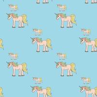 Seamless background with multicolored unicorns on blue background. Endless pattern for your design. Vector. vector