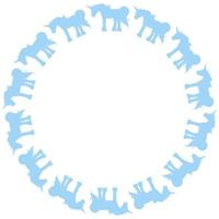 Round frame with interesting blue unicorn on white background. Vector image.