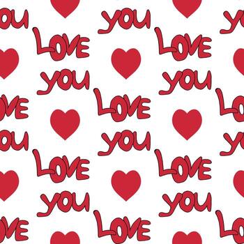 Seamless pattern with text LOVE YOU and hearts on white background. Vector image.