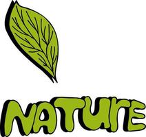 Stylish leaf and text NATURE on white background. Vector image.