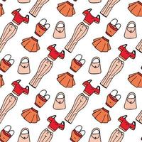 Seamless pattern with red, orange and beige clothes on white background. Vector image.