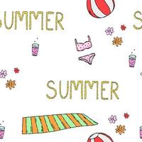 Hand drawn summer seamless pattern with strawberry, abstract, hearts, food doodle. Cute vector for paper, fabric, book, kitchen, children.