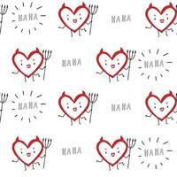 Cute pastel white pattern with doodle funny hearts devil with face. Textiles for children, fabric, book, bedroom, baby. Digital paper scrapbook, seamless background. vector