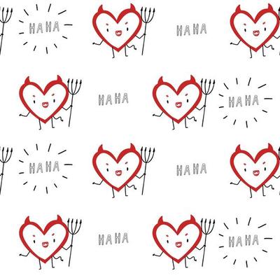 Cute pastel white pattern with doodle funny hearts devil with face. Textiles for children, fabric, book, bedroom, baby. Digital paper scrapbook, seamless background.