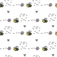 Cute doodle baby bee with hearts white seamless pattern minimalist hand drawn. Summer texture, insect textiles, children wallpaper. Valentine's day. vector