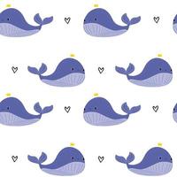 Cute doodle baby whale, white seamless pattern minimalist hand drawn. Summer texture, sea textile, children wallpaper. vector