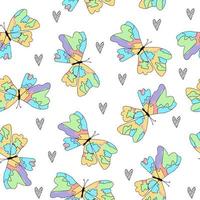 Doodle line pink, orange, purple, green, blue butterflies white pattern cute seamless minimalistic for kids. vector
