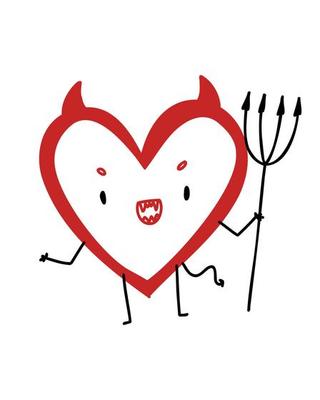 Red heart devil with face, evil. Cute postcard, poster, background. Hand drawn vector illustration.