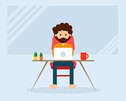 Man character cartoon vector design. A man is working at work area, laptop and red mug of hot coffee on the table.