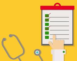 Colorful of Flat check list icon with hand point to the paper. Medical or health care concept, stethoscope on yellow background. Vector illustration