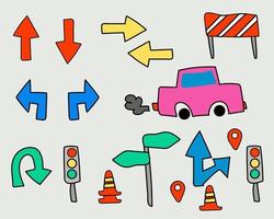 Cute cartoon vector of Traffic on the road concept, traffic light, arrow for direction, car, location sign for your design