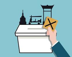 concepto de elección de gobernador de bangkok 2022. hay papeletas para el voto electoral con urnas y un lugar famoso en bangkok. vector