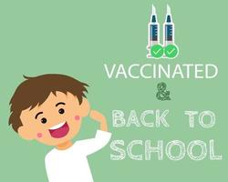 los niños estudiantes reciben vacunas para protegerse contra los virus covid-19. y regreso al concepto de escuela. estilo de vector de dibujos animados para su diseño.