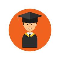 Cute cartoon vector design of graduates in gown and graduation cap icon. Colorful flat style.