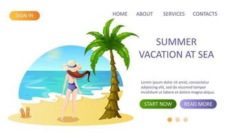 Website design with a woman standing on the seashore. vector