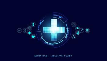 Abstract health science consist health plus circle icons digital technology concept  modern medical on hi tech future blue background. vector