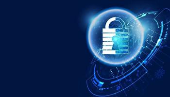 Abstract technology cyber security privacy information network concept padlock circle protection digital network internet link on hi tech blue future background vector