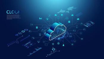 tecnología de nube abstracta con big data y conexión de concepto de interfaz mediante la recopilación de datos en la nube con grandes sistemas de almacenamiento de datos en antecedentes de alta tecnología. vector