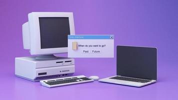 Abstract aesthetic background with 90s style system message windows, old vintage computer, mouse, keyboard, pop up icon system message window on pink and purple gradient y2k style realistic 3d render video