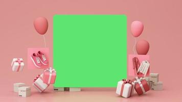 Online store concept on laptop screen with striped awning and shoe sneaker pastel color on screen with buy icon and comment review. green screen background realistic 3d rendering video