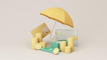 Concept of money protection, financial savings insurance. Secure investment, surrounding by gold coin and cash, wallet, umbrella, isolated on white pastel background realistic 3d render. video