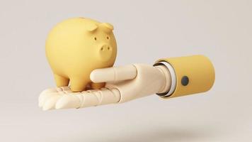 Concept of money protection, financial savings insurance. Secure investment, with wooden cartoon hand holding piggy bank isolated on white pastel background realistic 3d render. video