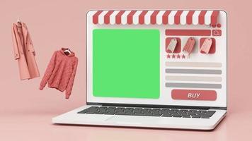 Online store concept on laptop screen with striped awning and coat and sweater dress pastel color on screen with buy icon and comment review. on purple background realistic 3d rendering video