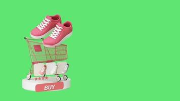 Online store concept on laptop screen with striped awning and shoe sneaker pastel color on screen with buy icon and comment review. green screen background realistic 3d rendering video