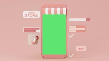 online-shop-konzept auf dem telefonbildschirm mit gestreifter markise und pastellschuhen sneaker auf dem telefonbildschirm mit kaufsymbol und kommentartext. auf einem rosa Pastellhintergrund. realistische 3d-darstellung video