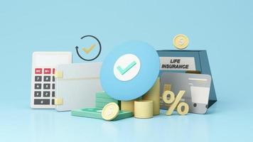 Concept of money protection, financial savings insurance. Secure investment, surrounding by gold coin, cash, piggy bank, credit card, wallet isolated on blue pastel background realistic 3d render. video