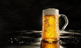 Draft or craft beer in a tall clear glass. With cold steam, White beer foam was placed on reflective floor. There were water droplets on the floor. One of the most popular alcoholic beverages photo