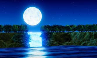 Waterfall cliff. Full moon night. Blue tone. Forest nature. Mountains and waterfalls. Glowing at night. Fantasy style. 3D Rendering. photo