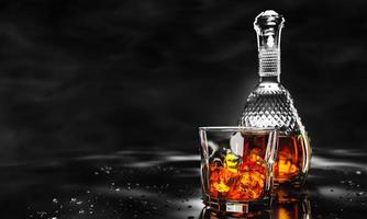 Brandy or whiskey in clear glass with ice cubes. Alcoholic beverages placed on shiny table top with water droplets. Alcohol concept in bar or studio Shot. 3D Rendering