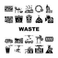 Waste Sorting Conveyor Equipment Icons Set Vector