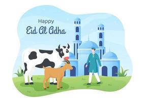 ilustración de dibujos animados de fondo de eid al adha para la celebración de los musulmanes con el sacrificio de un animal como vaca, cabra o camello y compartirlo vector