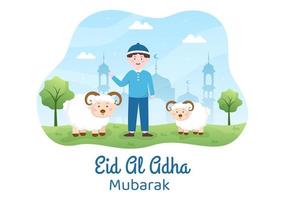 ilustración de dibujos animados de fondo de eid al adha para la celebración de los musulmanes con el sacrificio de un animal como vaca, cabra o camello y compartirlo vector