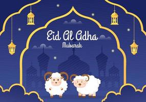 ilustración de dibujos animados de fondo de eid al adha para la celebración de los musulmanes con el sacrificio de un animal como vaca, cabra o camello y compartirlo vector