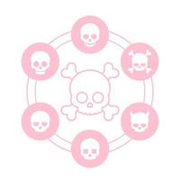 skulls icons, heart-shaped eyes, in love, smiling skull, bones, devil, fiend vector
