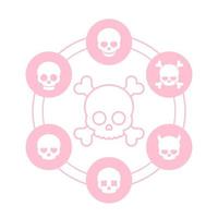 skulls icons, heart-shaped eyes, in love, smiling skull, bones, devil, fiend vector