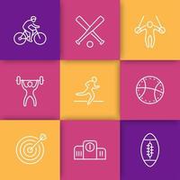 different kind of sports, line icons on color squares, vector illustration