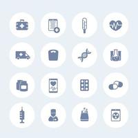 medicine icons set, health care, ambulance, hospital, pills, drugs, vaccination, injection, medic, simple pictograms over white vector