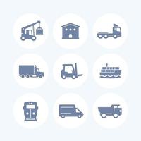 transportation, logistics icons over white, warehouse, cargo train, ship, truck, loader, van, maritime transport, vector illustration