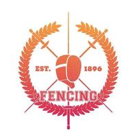 Fencing emblem, logo, t-shirt print with crossed foils and fencing mask, fiery red on white vector