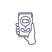 icono de línea de videollamada entrante, teléfono en mano vector