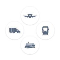 iconos de la industria del transporte, vector de tren de carga, transporte marítimo, barco, camión de carga, pictogramas de transporte, iconos redondos, ilustración vectorial