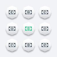 currencies icons set, euro, pound, dollar, franc, ruble, yen, yuan, shekel pictograms on octagon shapes vector