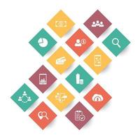 14 business, commerce, finance icons on rhombic shapes over white, vector illustration