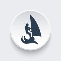 icono de windsurf, signo de vector de windsurf, hombre en tabla de surf con vela, ilustración vectorial